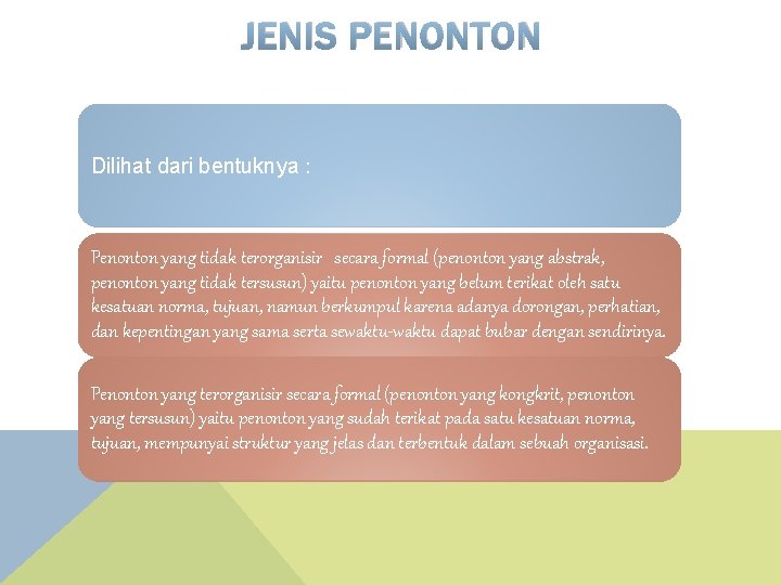 JENIS PENONTON Dilihat dari bentuknya : Penonton yang tidak terorganisir secara formal (penonton yang