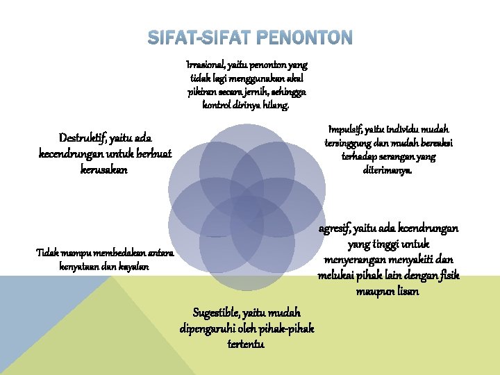 SIFAT-SIFAT PENONTON Irrasional, yaitu penonton yang tidak lagi menggunakan akal pikiran secara jernih, sehingga