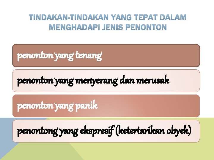 TINDAKAN-TINDAKAN YANG TEPAT DALAM MENGHADAPI JENIS PENONTON penonton yang tenang penonton yang menyerang dan