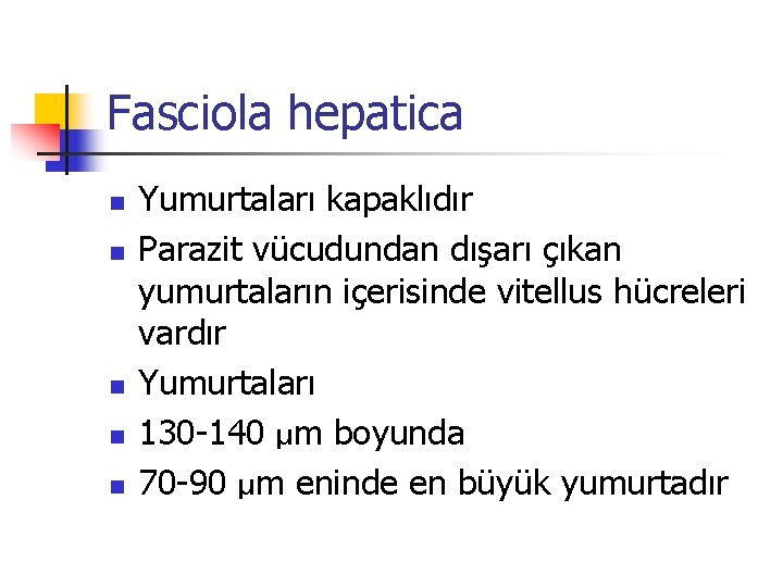 Fasciola hepatica n n n Yumurtaları kapaklıdır Parazit vücudundan dışarı çıkan yumurtaların içerisinde vitellus