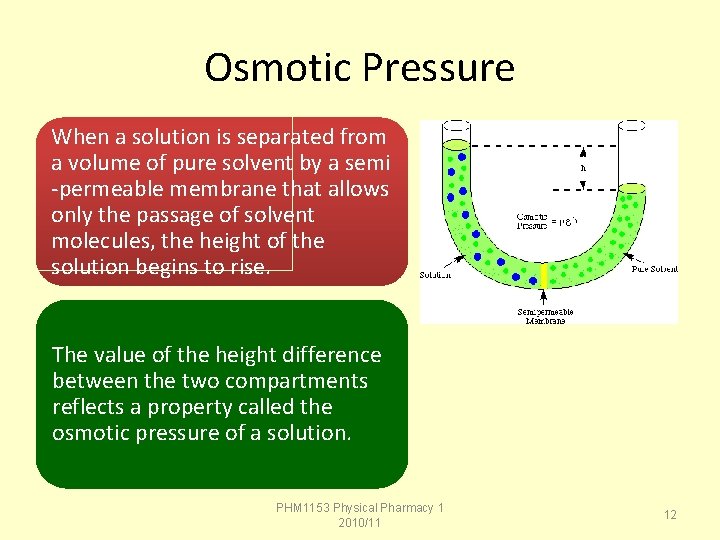 Osmotic Pressure When a solution is separated from a volume of pure solvent by