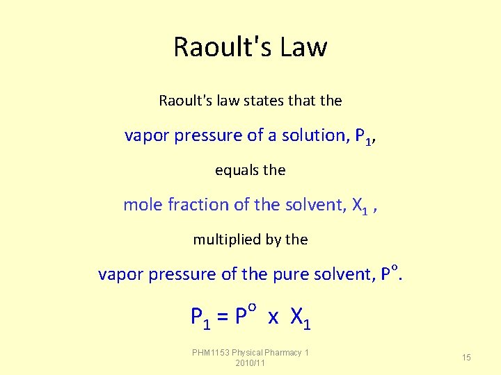 Raoult's Law Raoult's law states that the vapor pressure of a solution, P 1,