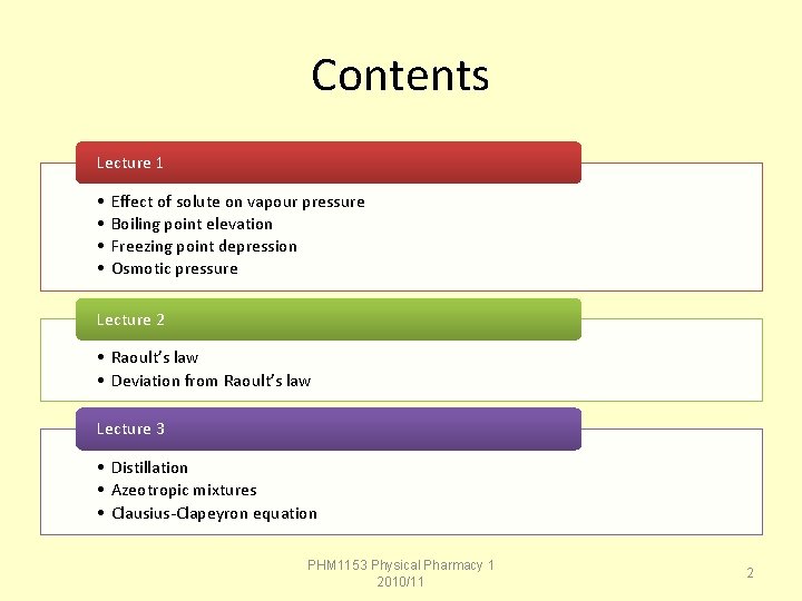 Contents Lecture 1 • • Effect of solute on vapour pressure Boiling point elevation