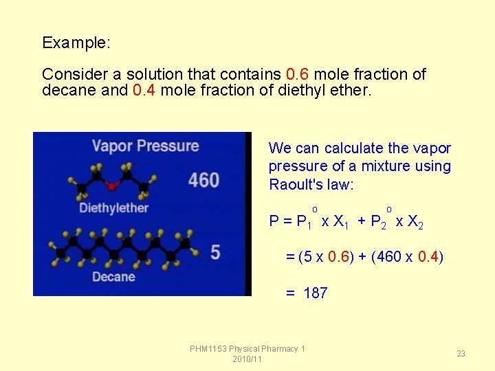 Example: Consider a solution that contains 0. 6 mole fraction of decane and 0.