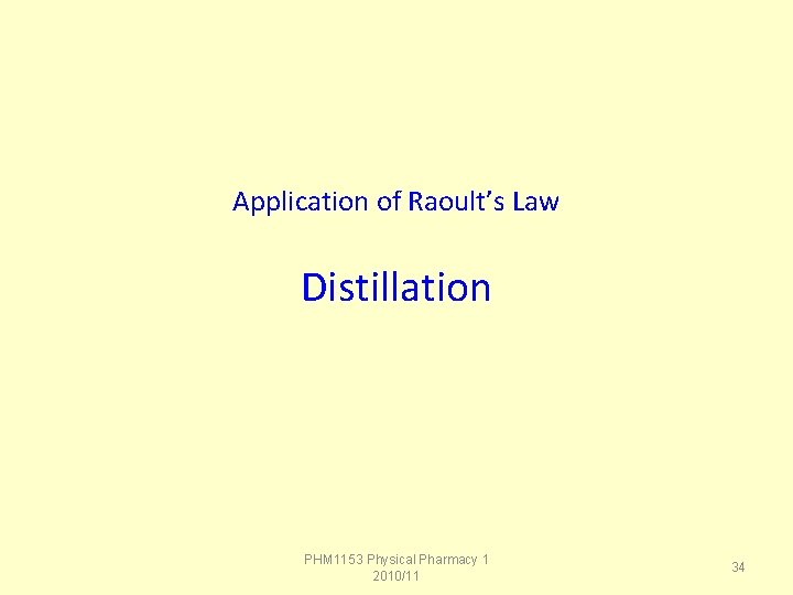 Application of Raoult’s Law Distillation PHM 1153 Physical Pharmacy 1 2010/11 34 