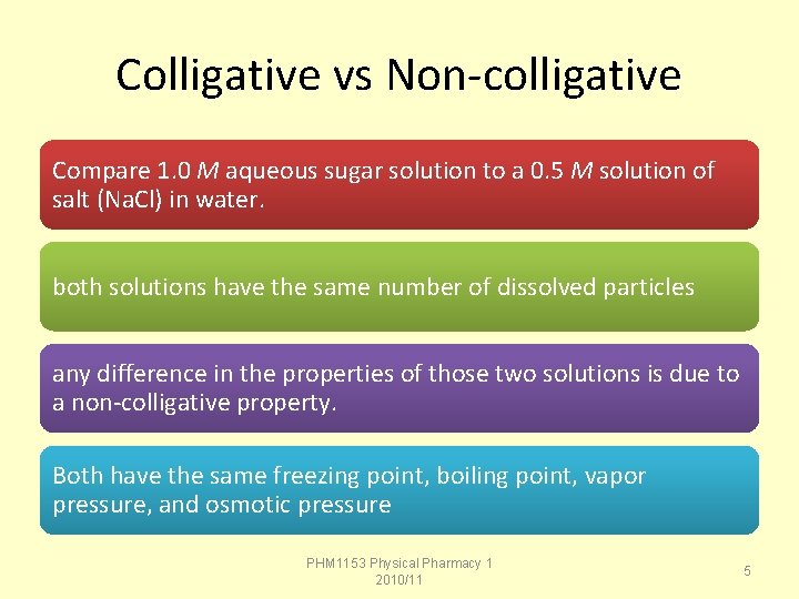 Colligative vs Non-colligative Compare 1. 0 M aqueous sugar solution to a 0. 5