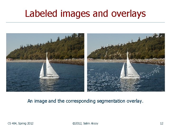 Labeled images and overlays An image and the corresponding segmentation overlay. CS 484, Spring