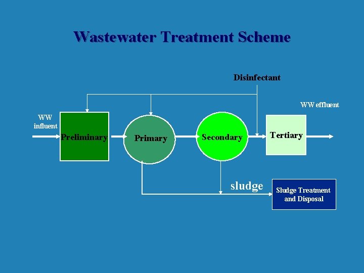 Wastewater Treatment Scheme Disinfectant WW effluent WW influent Preliminary Primary Secondary sludge Tertiary Sludge