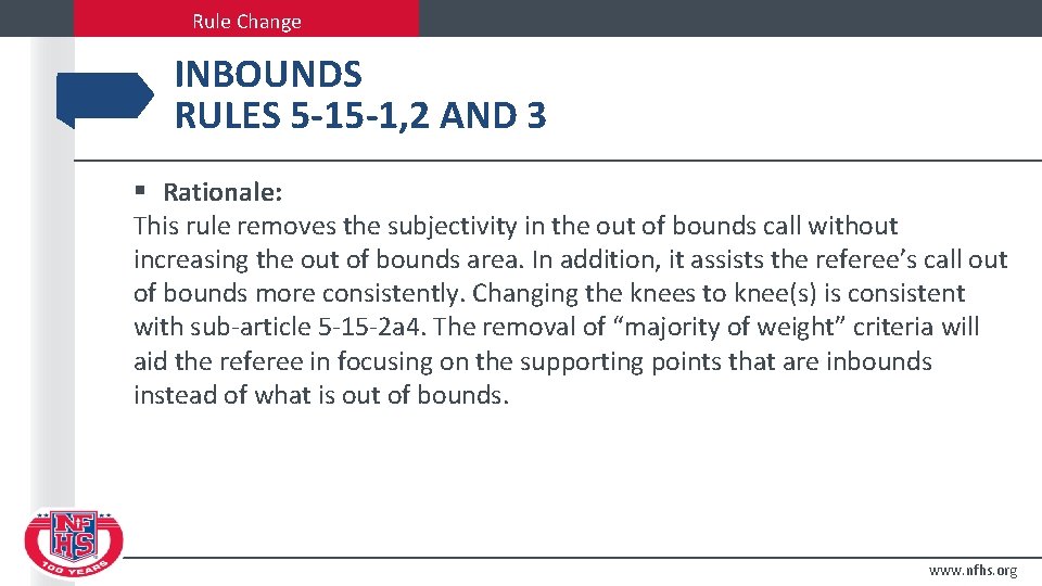 Rule Change INBOUNDS RULES 5 -15 -1, 2 AND 3 § Rationale: This rule