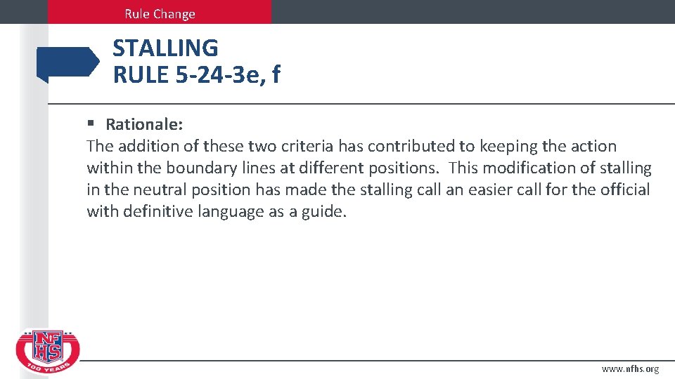 Rule Change STALLING RULE 5 -24 -3 e, f § Rationale: The addition of