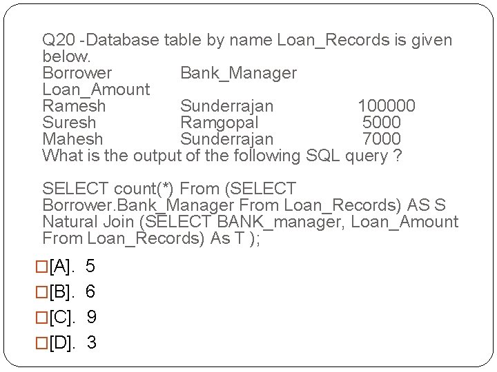 Q 20 -Database table by name Loan_Records is given below. Borrower Bank_Manager Loan_Amount Ramesh