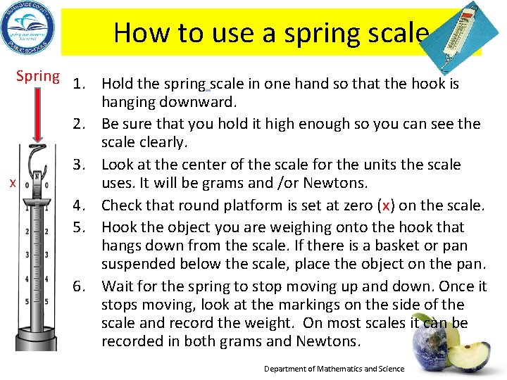  How to use a spring scale Spring 1. Hold the spring scale in
