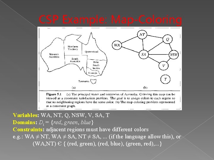 CSP Example: Map-Coloring Variables: WA, NT, Q, NSW, V, SA, T Domains: Di = CSP Example: Map-Coloring Variables: WA, NT, Q, NSW, V, SA, T Domains: Di =