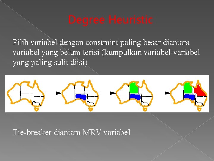 Degree Heuristic Pilih variabel dengan constraint paling besar diantara variabel yang belum terisi (kumpulkan Degree Heuristic Pilih variabel dengan constraint paling besar diantara variabel yang belum terisi (kumpulkan