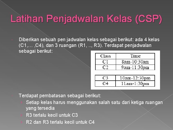 Latihan Penjadwalan Kelas (CSP) Diberikan sebuah pen jadwalan kelas sebagai berikut: ada 4 kelas Latihan Penjadwalan Kelas (CSP) Diberikan sebuah pen jadwalan kelas sebagai berikut: ada 4 kelas