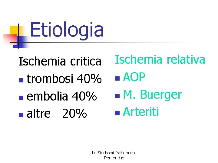 Etiologia Ischemia critica n trombosi 40% n embolia 40% n altre 20% Ischemia relativa Etiologia Ischemia critica n trombosi 40% n embolia 40% n altre 20% Ischemia relativa