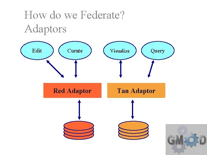 How do we Federate? Adaptors Edit Curate Red Adaptor Visualize Query Tan Adaptor 