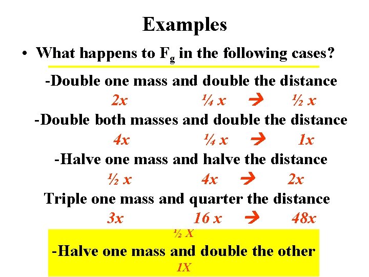 Examples • What happens to Fg in the following cases? onedouble mass the distance
