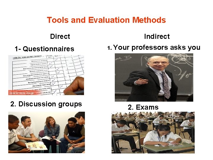 Tools and Evaluation Methods Direct 1 - Questionnaires 2. Discussion groups Indirect 1. Your