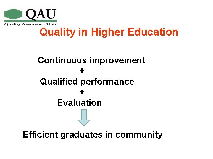 Quality in Higher Education Continuous improvement + Qualified performance + Evaluation Efficient graduates in