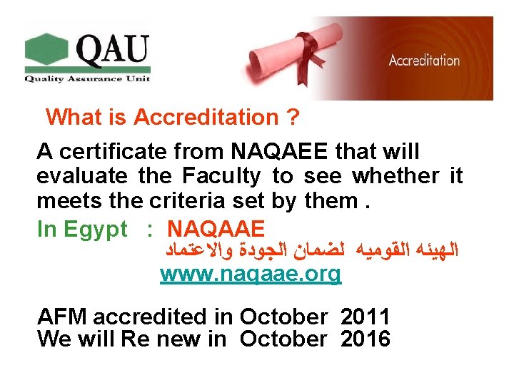 What is Accreditation ? A certificate from NAQAEE that will evaluate the Faculty to