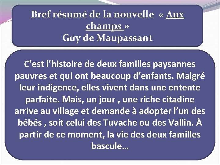 Bref résumé de la nouvelle « Aux champs » Guy de Maupassant C’est l’histoire