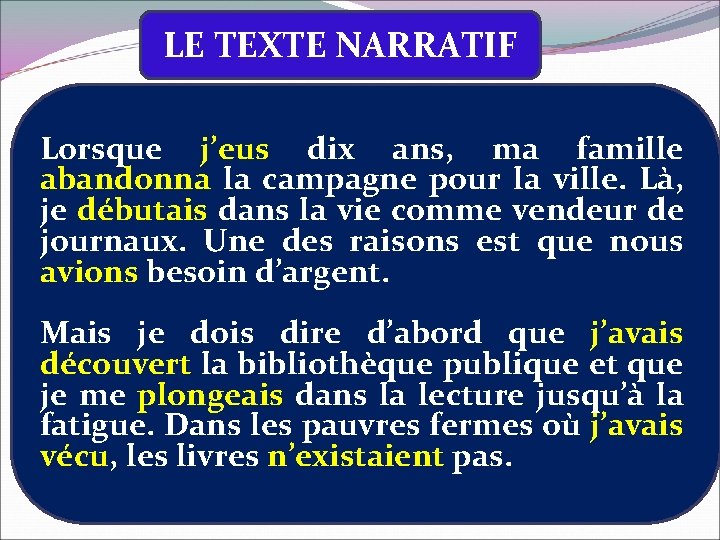 LE TEXTE NARRATIF Lorsque j’eus dix ans, ma famille abandonna la campagne pour la