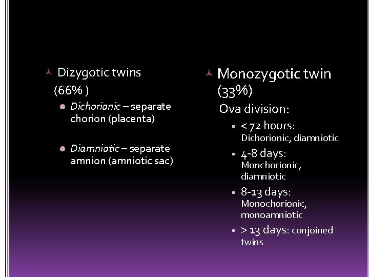  Dizygotic twins (66% ) l l Dichorionic – separate chorion (placenta) Diamniotic –