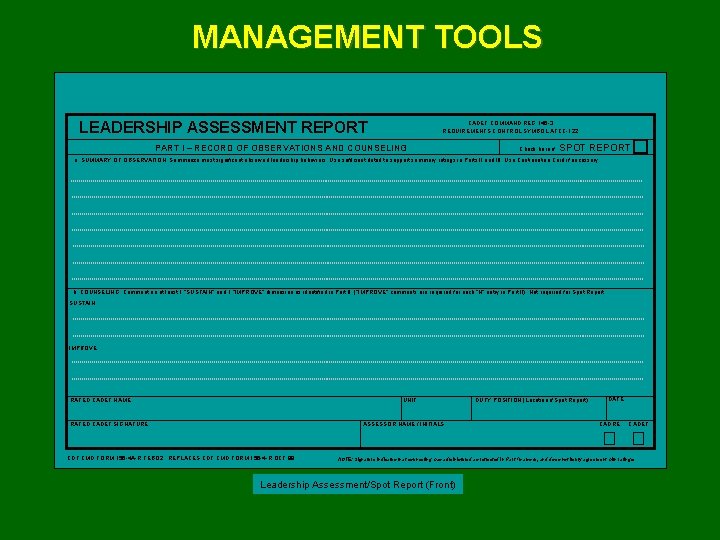 MANAGEMENT TOOLS LEADERSHIP ASSESSMENT REPORT CADET COMMAND REG 145 -3 REQUIREMENTS CONTROL SYMBOL ATCC-122