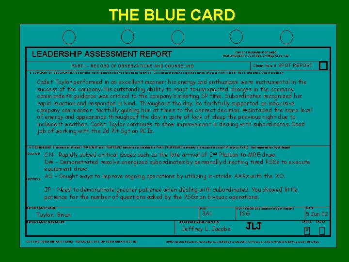 THE BLUE CARD LEADERSHIP ASSESSMENT REPORT CADET COMMAND REG 145 -3 REQUIREMENTS CONTROL SYMBOL