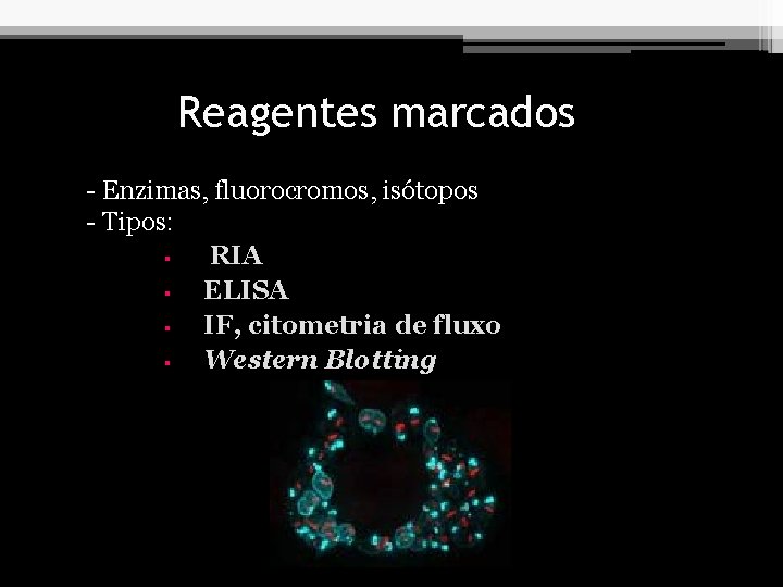 Reagentes marcados - Enzimas, fluorocromos, isótopos - Tipos: § RIA § ELISA § IF,