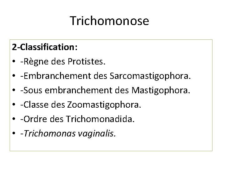 Trichomonose 2 -Classification: • -Règne des Protistes. • -Embranchement des Sarcomastigophora. • -Sous embranchement