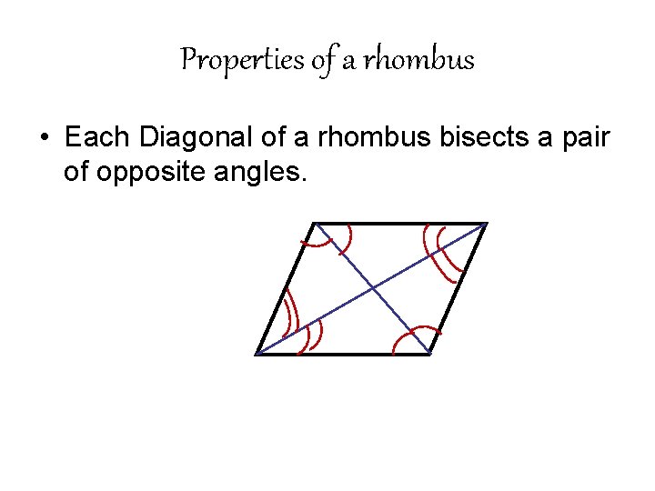 Properties of a rhombus • Each Diagonal of a rhombus bisects a pair of