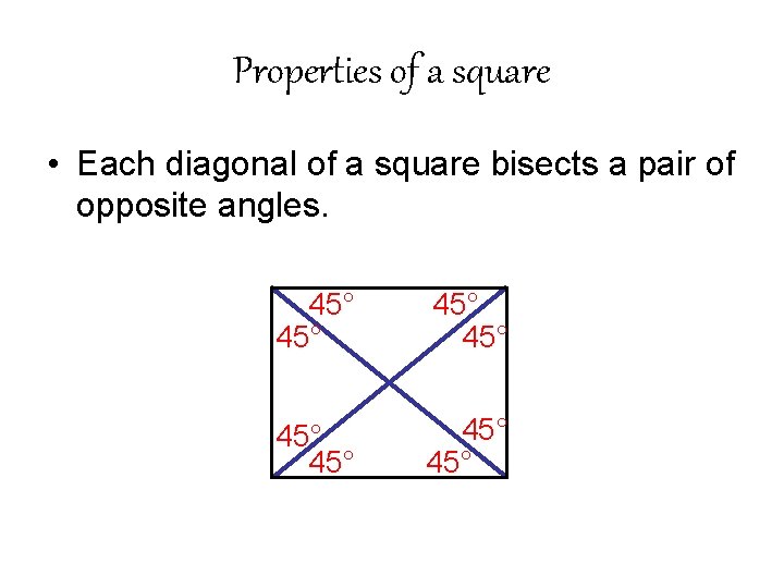 Properties of a square • Each diagonal of a square bisects a pair of