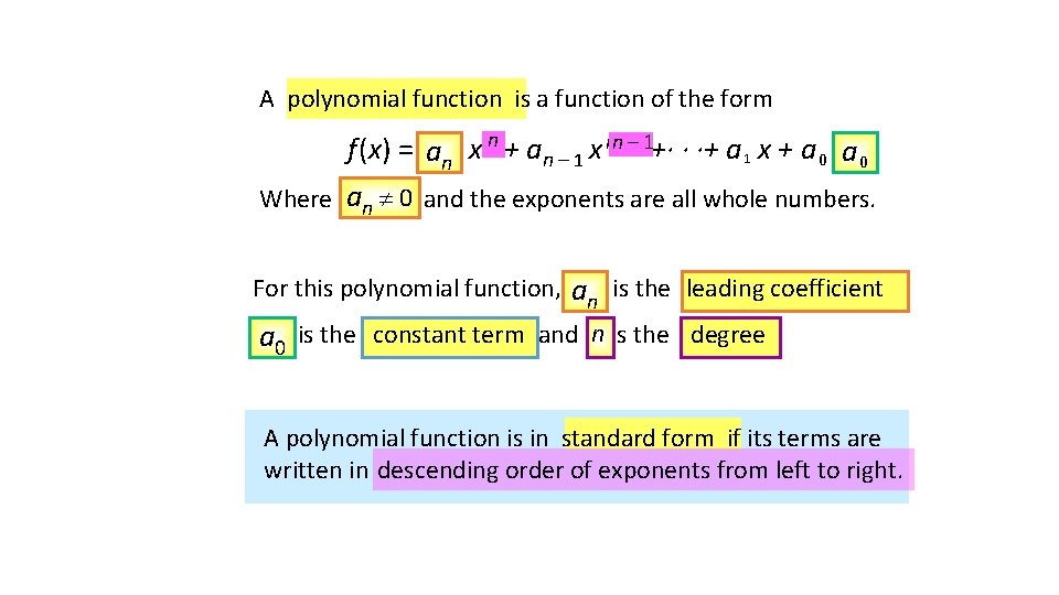A polynomial function is a function of the form f (x) = a a