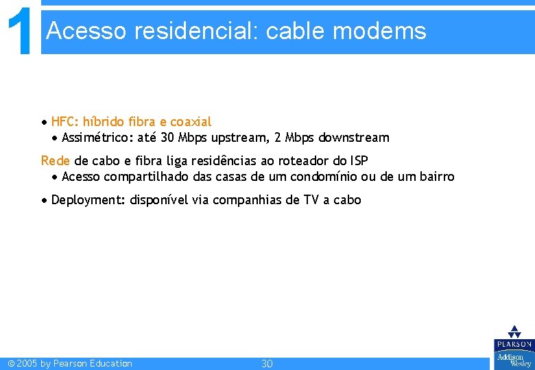 1 Acesso residencial: cable modems HFC: híbrido fibra e coaxial Assimétrico: até 30 Mbps 1 Acesso residencial: cable modems HFC: híbrido fibra e coaxial Assimétrico: até 30 Mbps