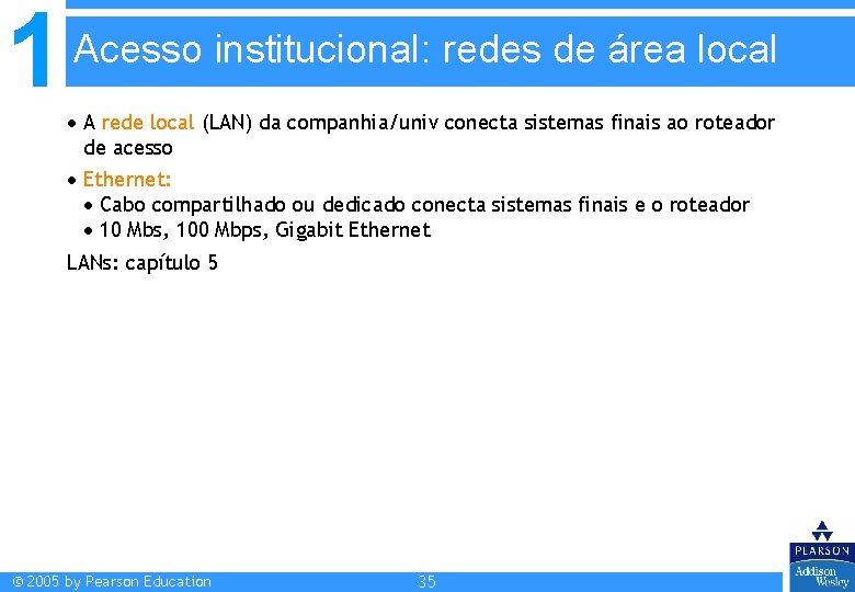 1 Acesso institucional: redes de área local A rede local (LAN) da companhia/univ conecta 1 Acesso institucional: redes de área local A rede local (LAN) da companhia/univ conecta