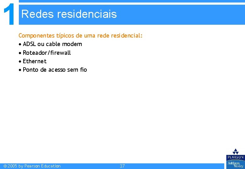 1 Redes residenciais Componentes típicos de uma rede residencial: ADSL ou cable modem Roteador/firewall 1 Redes residenciais Componentes típicos de uma rede residencial: ADSL ou cable modem Roteador/firewall