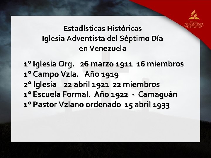 Estadísticas Históricas Iglesia Adventista del Séptimo Día en Venezuela 1° Iglesia Org. 26 marzo