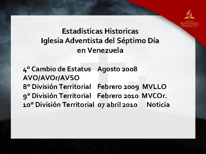 Estadísticas Historicas Iglesia Adventista del Séptimo Día en Venezuela 4° Cambio de Estatus Agosto