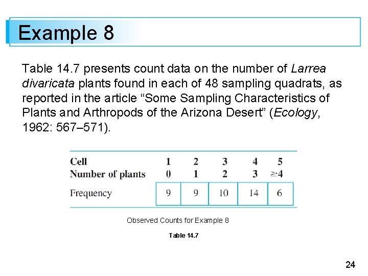 Example 8 Table 14. 7 presents count data on the number of Larrea divaricata