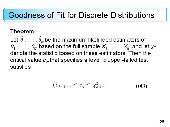 Goodness of Fit for Discrete Distributions Theorem Let be the maximum likelihood estimators of