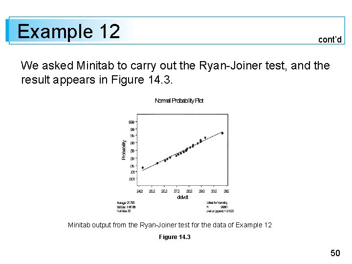 Example 12 cont’d We asked Minitab to carry out the Ryan-Joiner test, and the