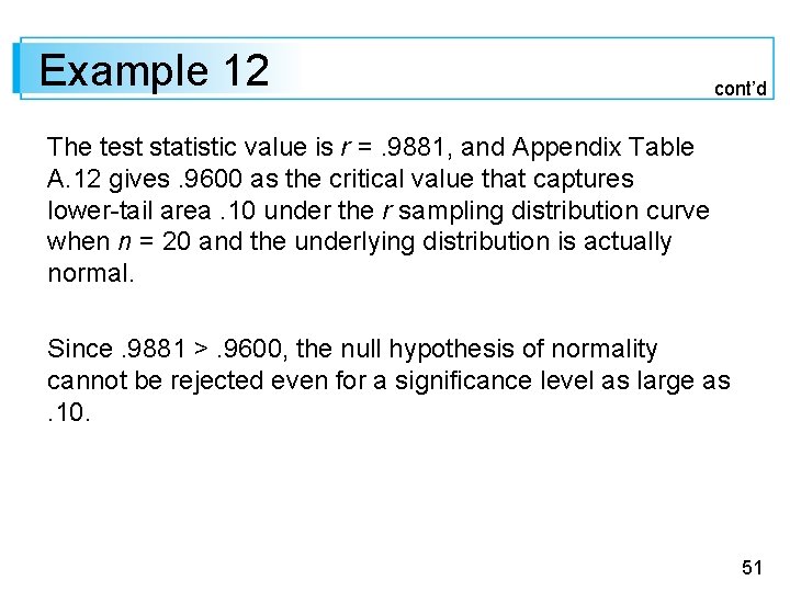 Example 12 cont’d The test statistic value is r =. 9881, and Appendix Table