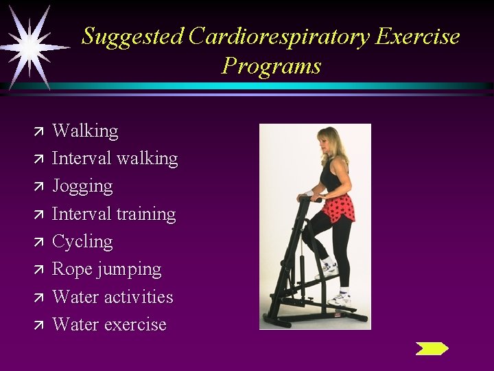 Suggested Cardiorespiratory Exercise Programs ä ä ä ä Walking Interval walking Jogging Interval training