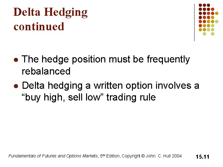 Delta Hedging continued l l The hedge position must be frequently rebalanced Delta hedging Delta Hedging continued l l The hedge position must be frequently rebalanced Delta hedging