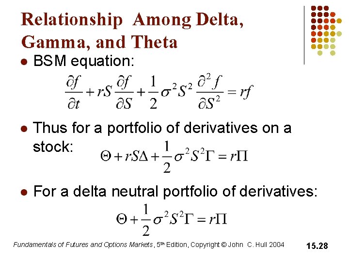 Relationship Among Delta, Gamma, and Theta l BSM equation: l Thus for a portfolio Relationship Among Delta, Gamma, and Theta l BSM equation: l Thus for a portfolio
