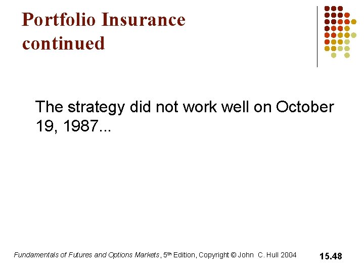 Portfolio Insurance continued The strategy did not work well on October 19, 1987. . Portfolio Insurance continued The strategy did not work well on October 19, 1987. .