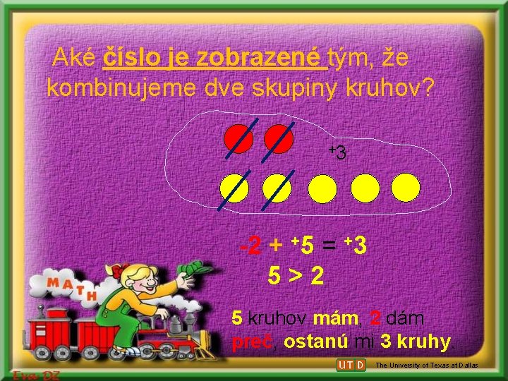 Aké číslo je zobrazené tým, že kombinujeme dve skupiny kruhov? +3 -2 + +5 Aké číslo je zobrazené tým, že kombinujeme dve skupiny kruhov? +3 -2 + +5