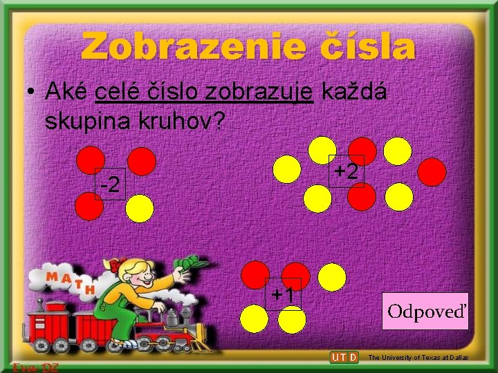 Zobrazenie čísla • Aké celé číslo zobrazuje každá skupina kruhov? +2 -2 +1 Odpoveď Zobrazenie čísla • Aké celé číslo zobrazuje každá skupina kruhov? +2 -2 +1 Odpoveď